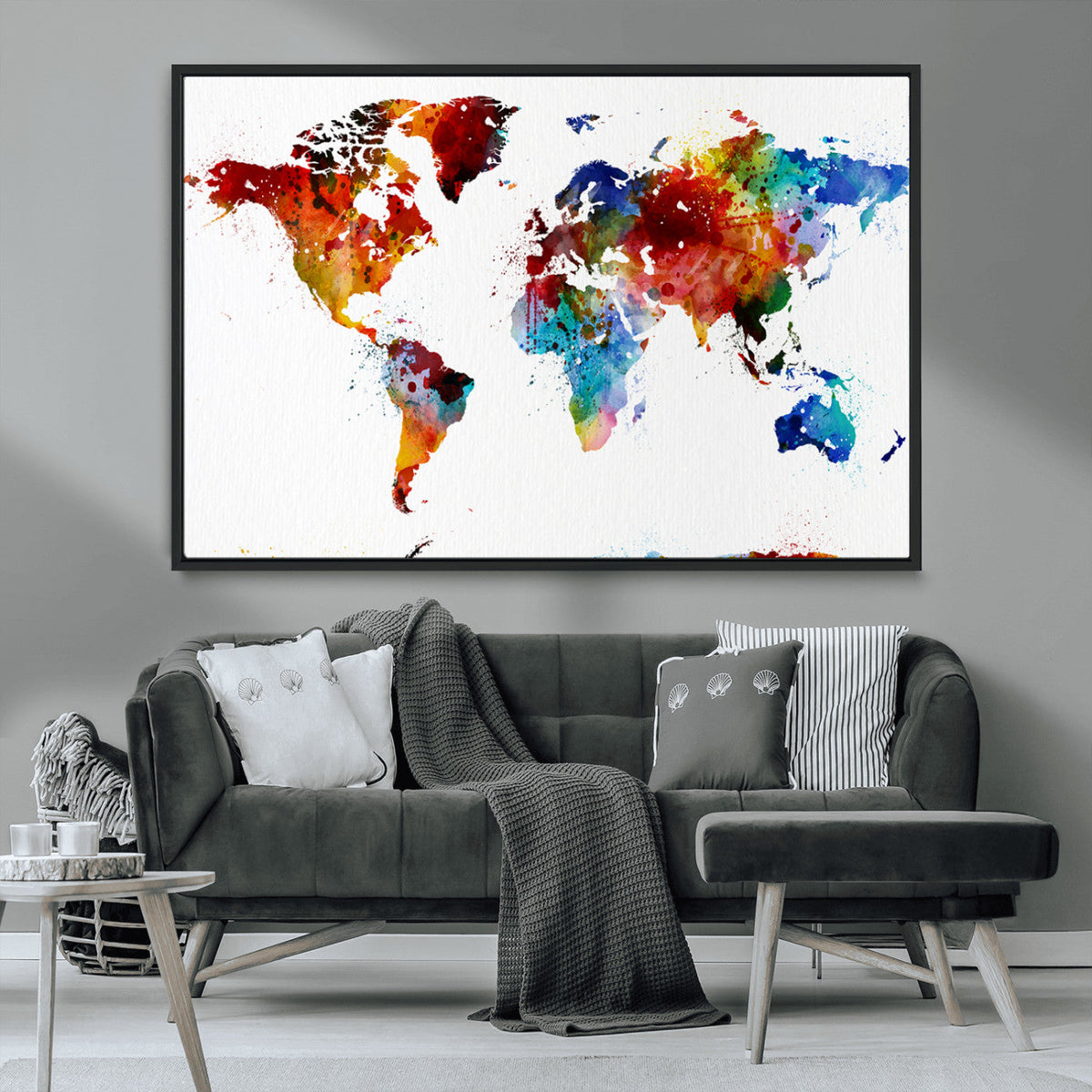 Colorful World Map Canvas Wall Art Print, Contemporary Global Map Artwork