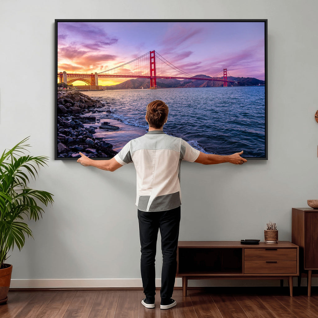 Golden Gate Bridge Wall Art Canvas Print, Framed San Francisco Sunset Landmark
