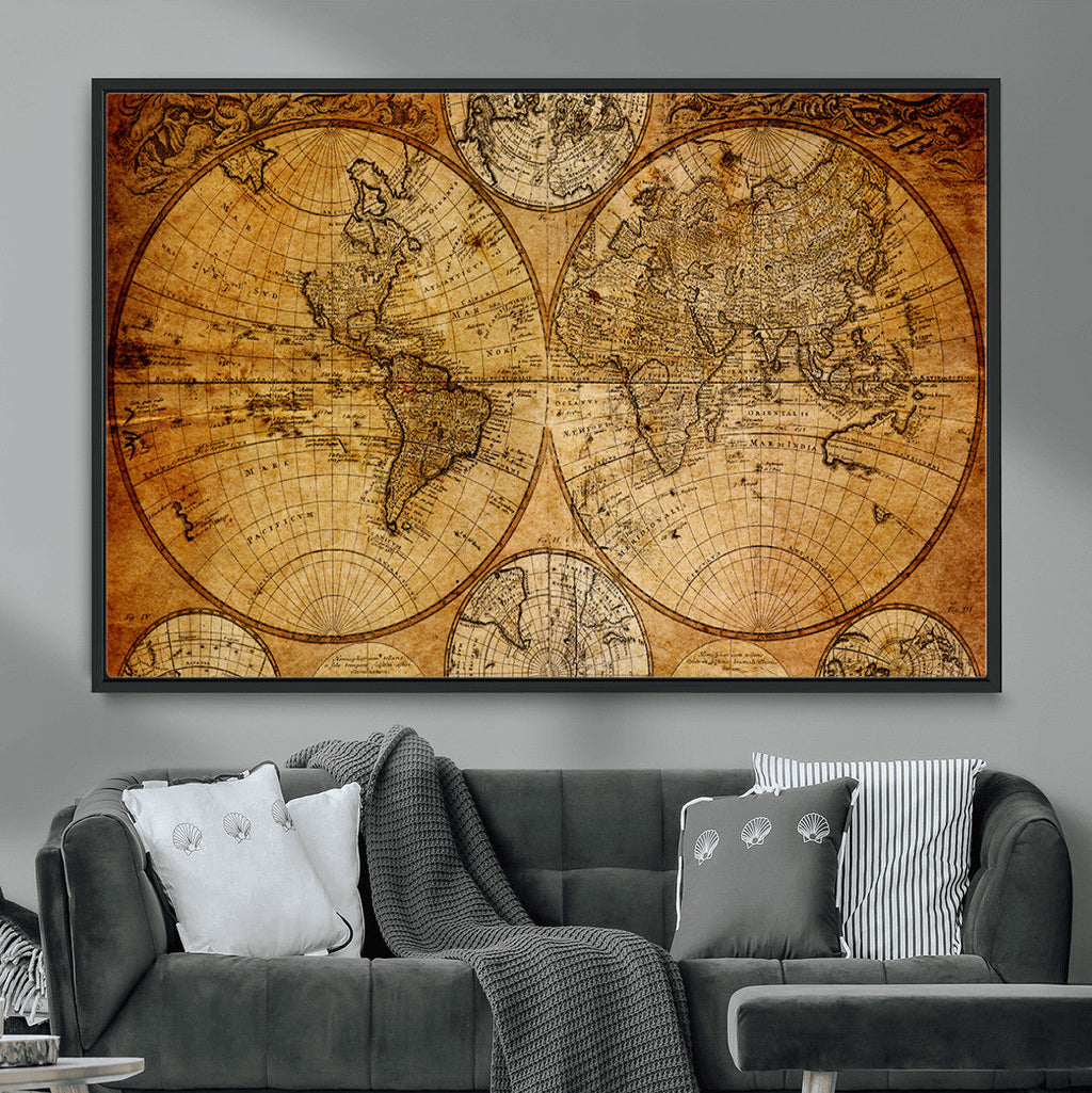Vintage World Map Canvas Print | Antique Push Pin Travel Map