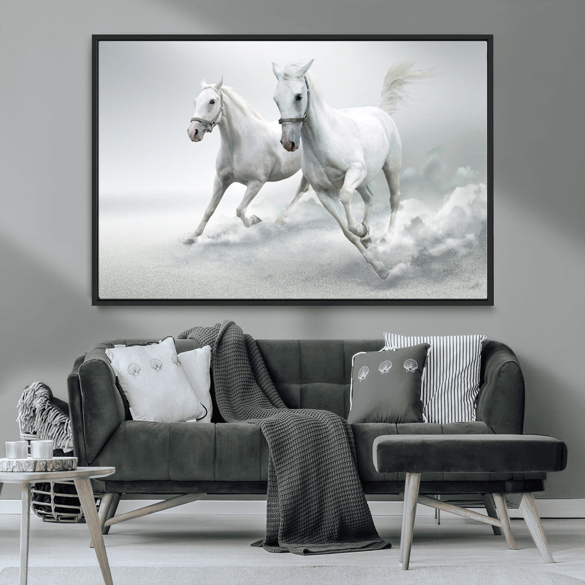 Large Wall Art Canvas Print, Beautiful Running White Horses