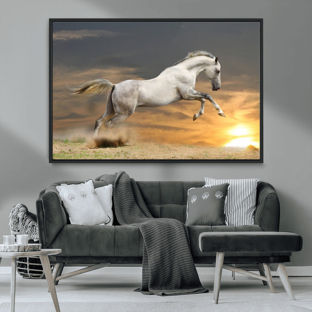 Large Wall Art Canvas Print, White Jumping Horse at Sunset