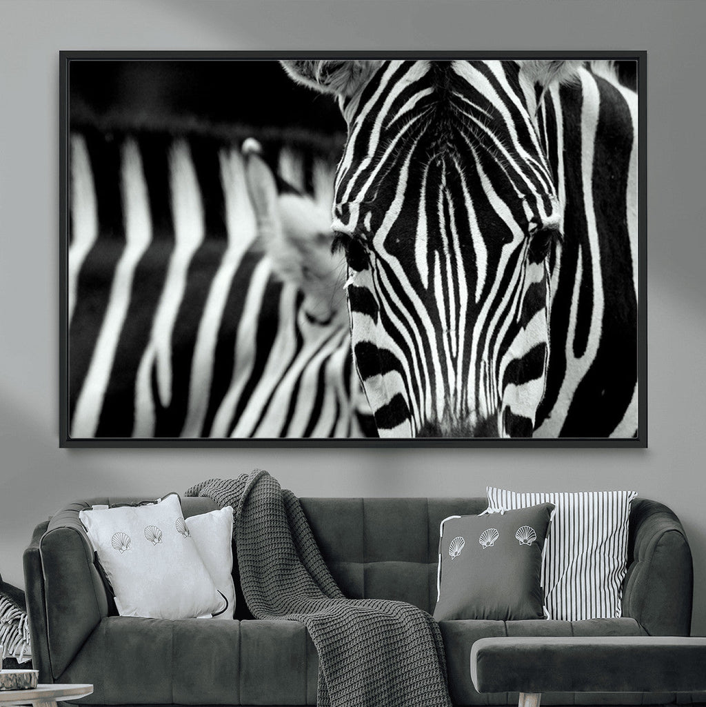 Zebra Wall Art | Zebra Close Up Canvas Print | Framed Black and White Wildlife