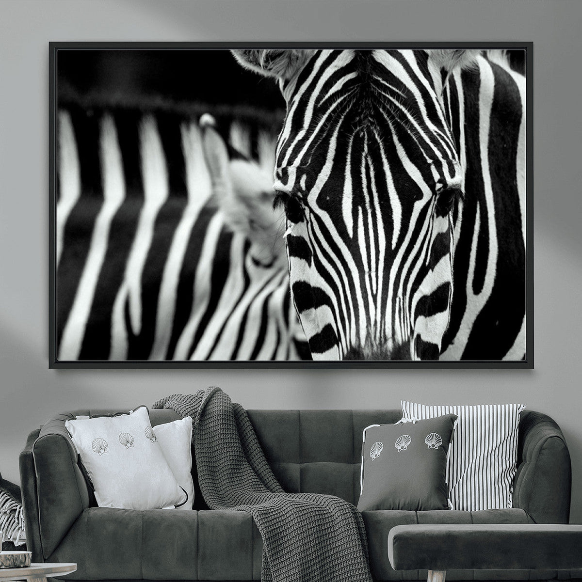 Zebra Wall Art | Zebra Close Up Canvas Print | Framed Black and White Wildlife