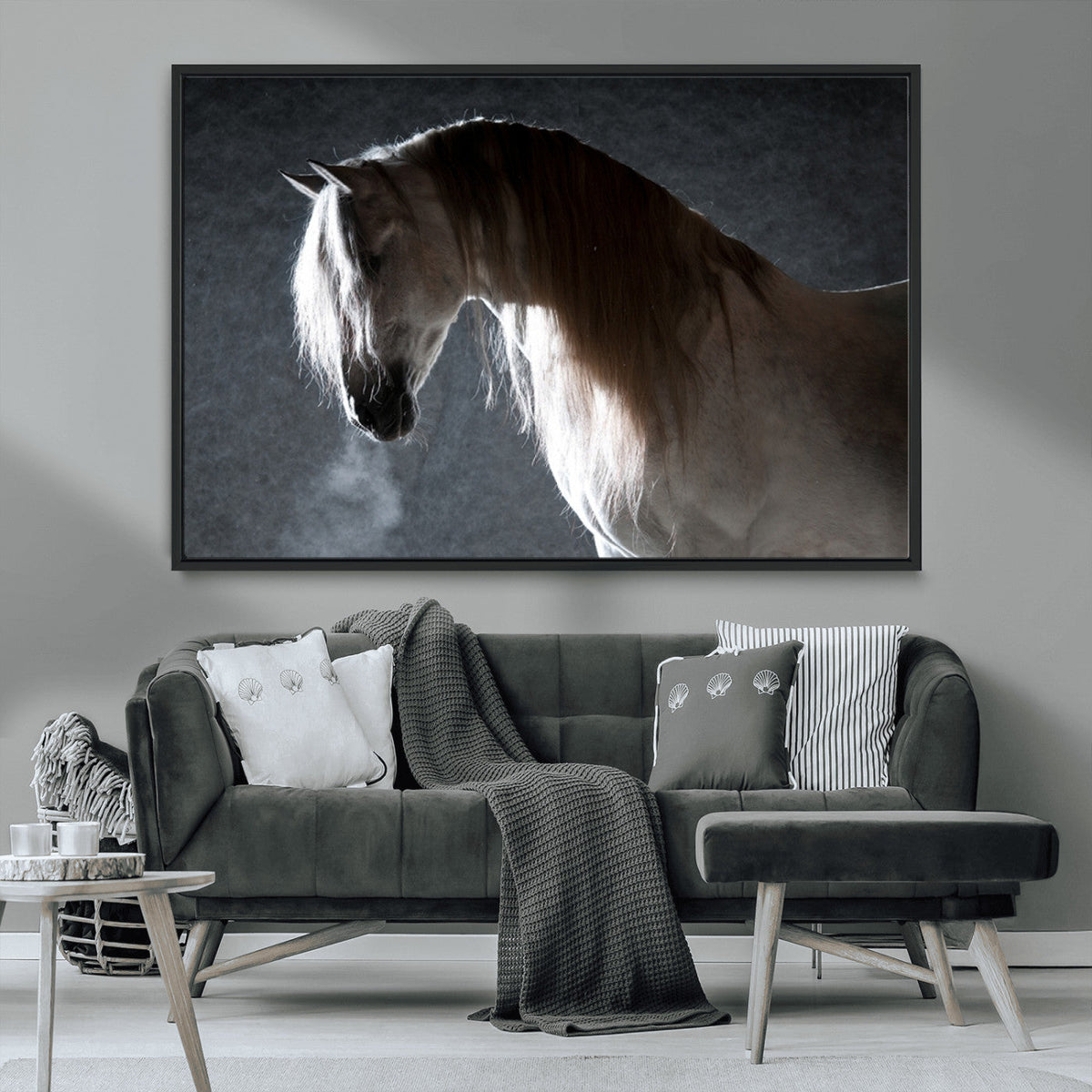 Large Wall Art Cream Colored Horse on Grey Background Canvas