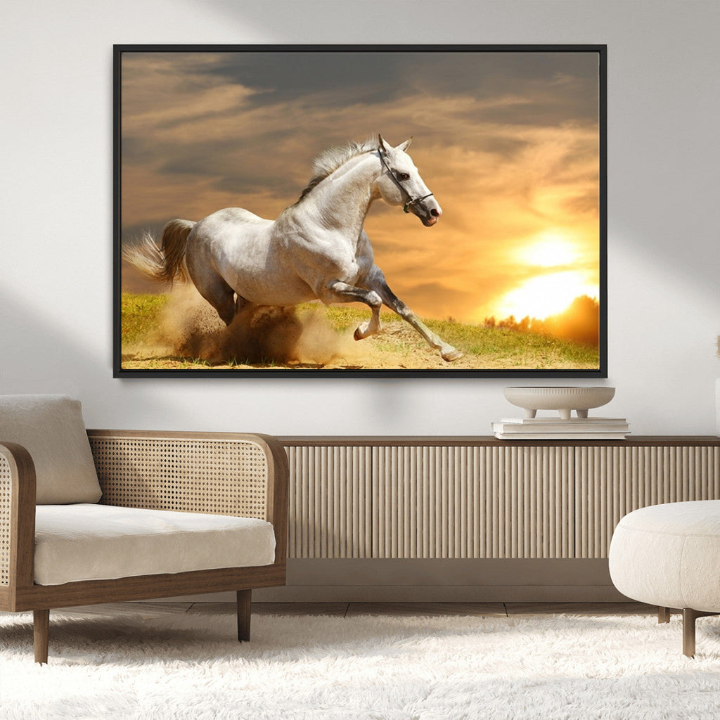 Large Wall Art Galloping White Horse at Sunset Canvas Print