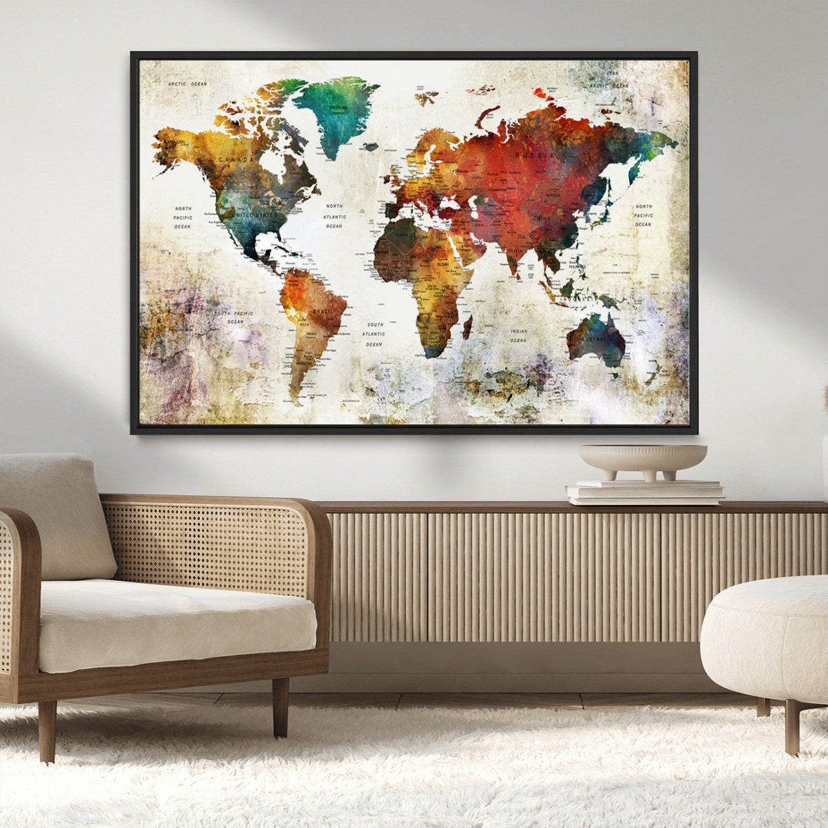 Watercolor World Map Canvas Print | Framed Travel Map Wall Art for Couples