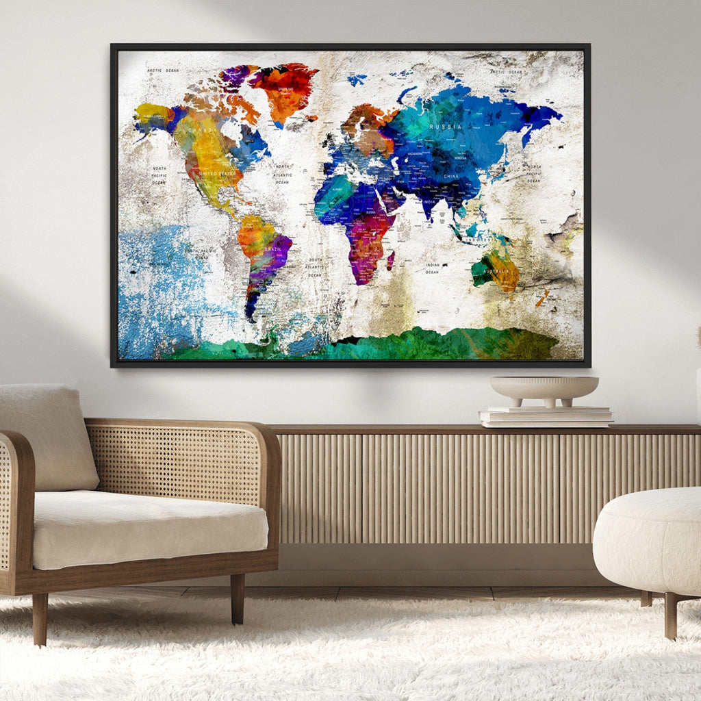 Navy Blue and Orange Watercolor World Map Canvas Print | Framed Travel Map