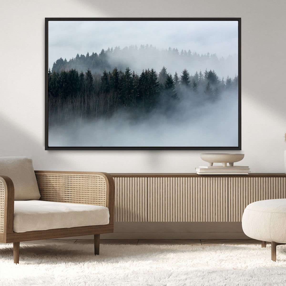 Autumn and Misty Trees in the Forest Wall Art Canvas Print, Foggy Forest Mountain Wall Art