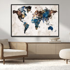 Abstract Earth Tone Blue World Map Canvas Print | Framed Travel Map Wall Art