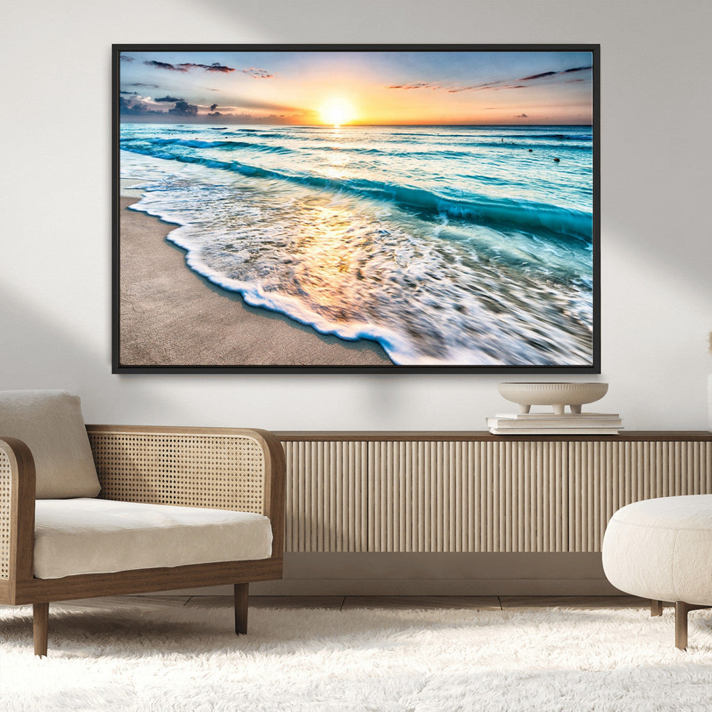 Sunset Beach Waves Canvas Wall Art | Ocean Sunset Coastal Print