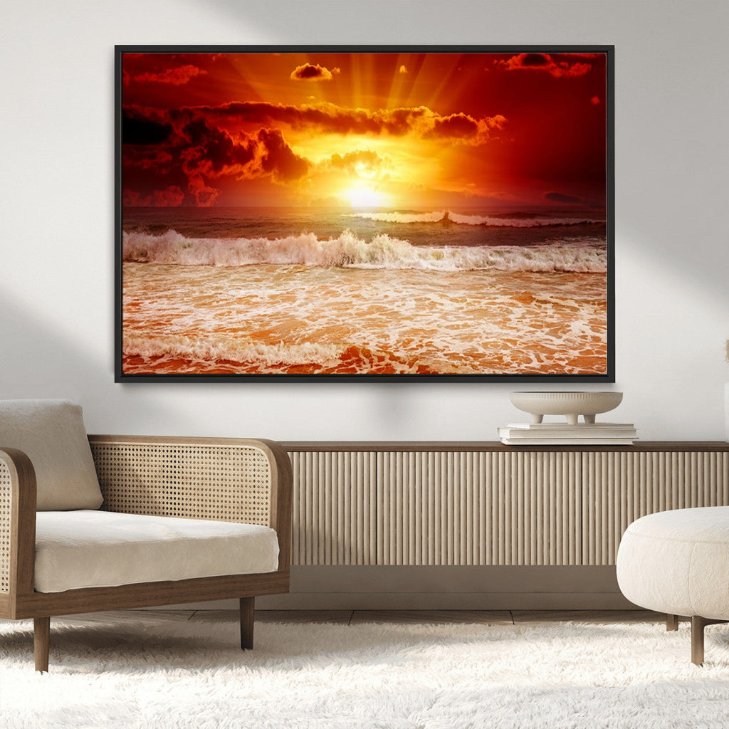 Red Sunset Ocean Beach Canvas Wall Art, Coastal Sunset Print