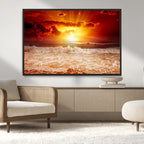 Red Sunset Ocean Beach Canvas Wall Art, Coastal Sunset Print