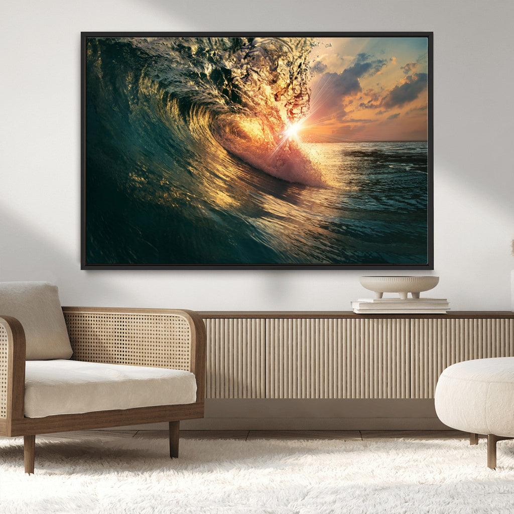 Ocean Wave Sunset Canvas Wall Art | Triptych Seascape Print