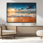 Golden Sunset Beach Triptych Canvas Art, Giclee Coastal Wall Decor, Ocean Waves Print