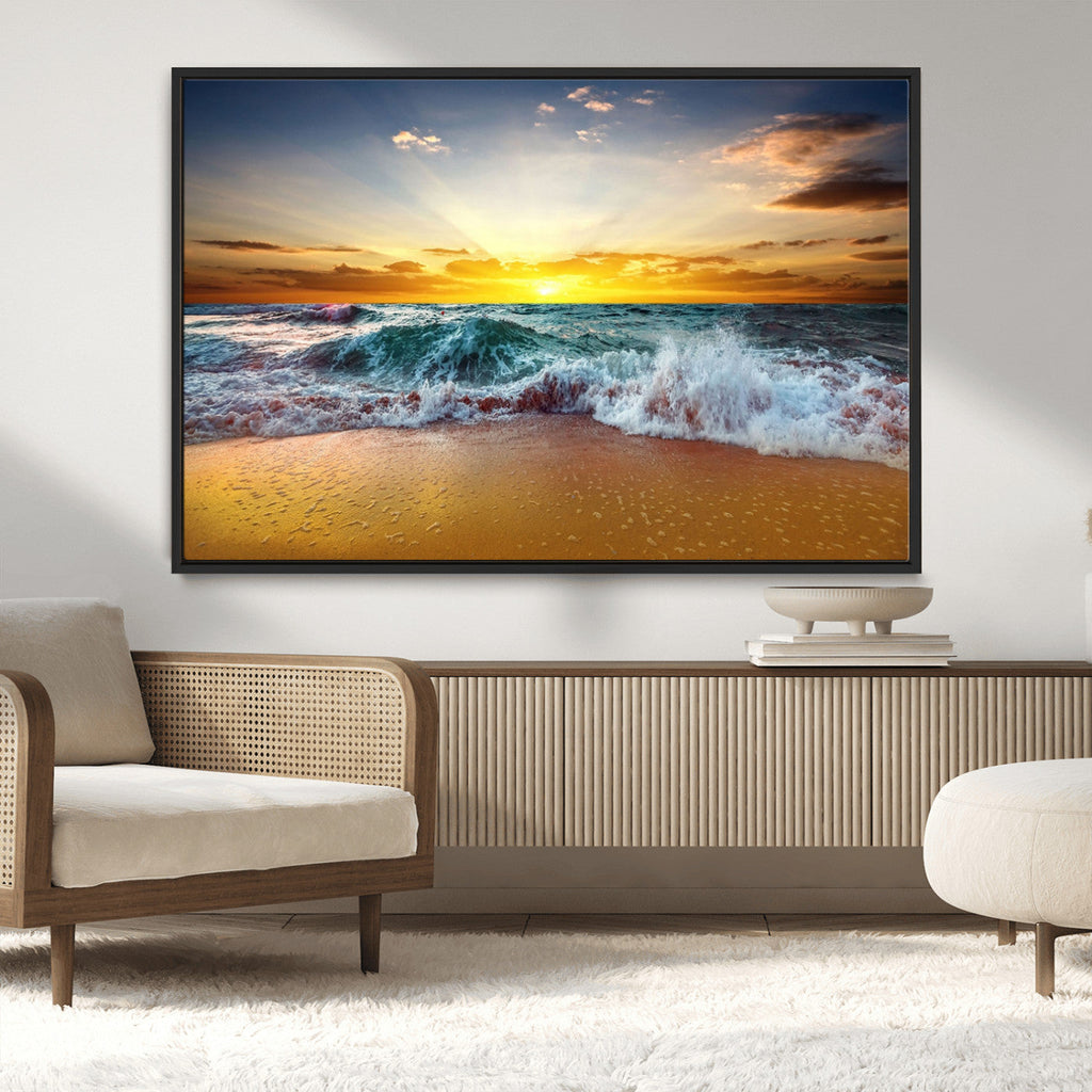 Golden Sunset Ocean Waves Wall Art Canvas Print | Multi Panel Beach Canvas Set, Coastal Triptych