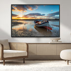 Small Boat At The Beach Sunset Wall Art, Boat Sunset Wall Art Canvas Print