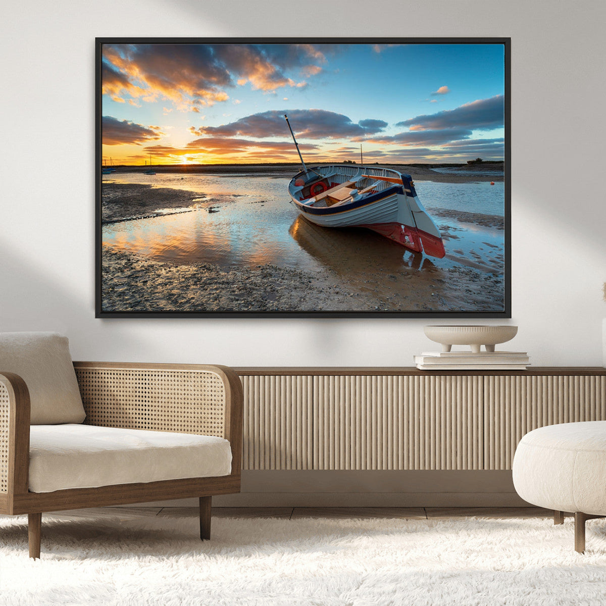 Small Boat At The Beach Sunset Wall Art, Boat Sunset Wall Art Canvas Print