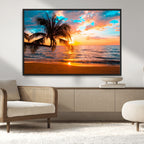 Palm Tree Sunset On The Beach Wall Art Canvas, Framed Palm Tree Sunset Canvas Print
