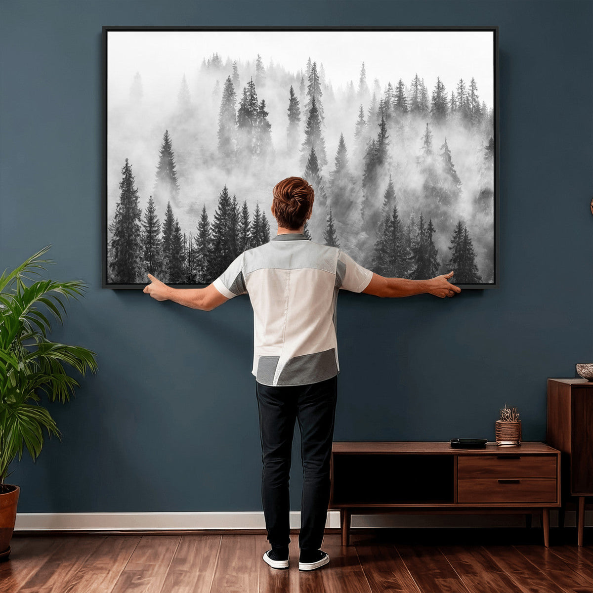 Forest Wall Art Print | Foggy Pine Forest Canvas Wall Art, Black and White Nature Decor
