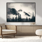 Forest Mountain Print | Black and White Canvas Wall Art with Misty Forest Design
