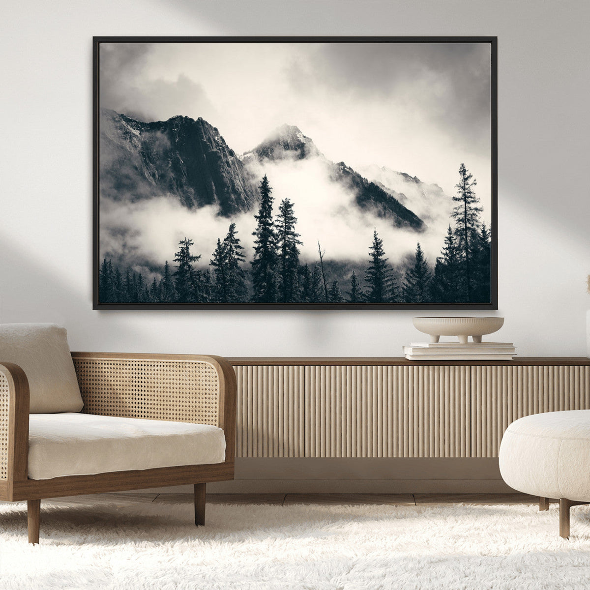 Forest Mountain Print | Black and White Canvas Wall Art with Misty Forest Design