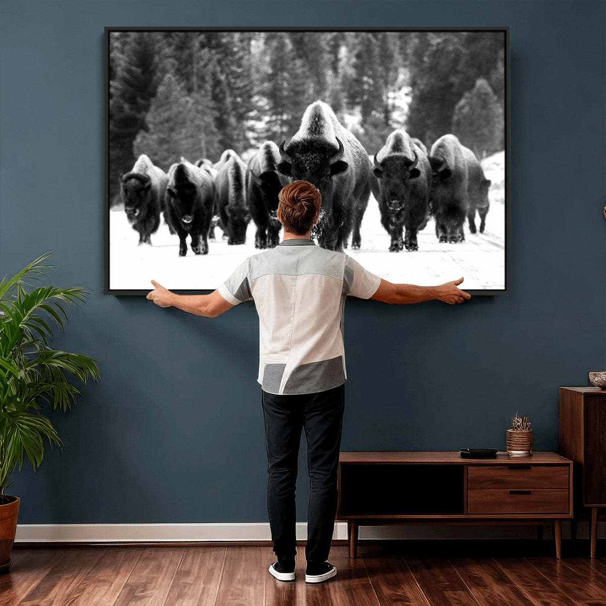 Bison Herd in Snow Wall Art Canvas Print | Rustic Western Bison Wall Art for Living Room and Farmhouse Decor