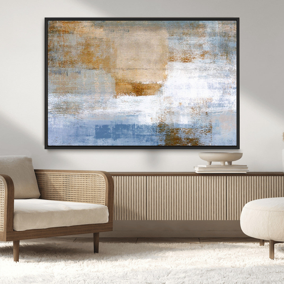 Blue Multi Panel Abstract Wall Art Canvas, Abstract Blue and Gold Canvas Print