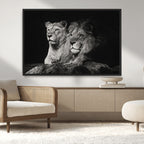 Lion Couple Wall Art Canvas Print, Elegant Black and White Wildlife Portrait