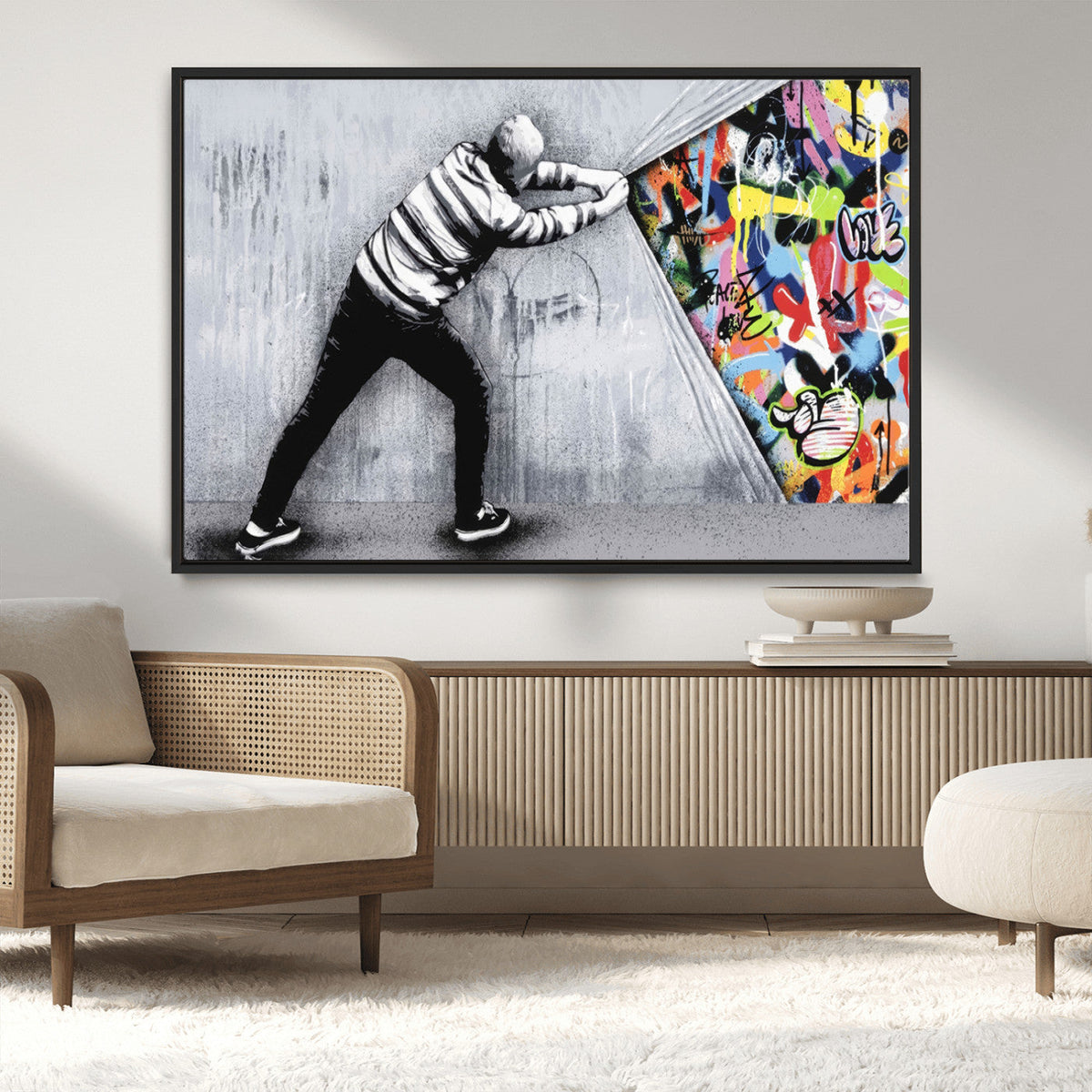 Banksy Art Behind the Curtain Street Wall Art Canvas Print | Urban Graffiti Style Wall Decor