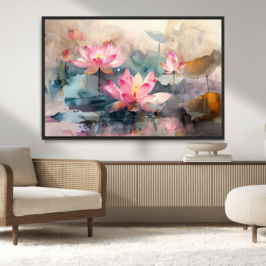 Lotus Flower Wall Art | 3 Panel Giclee Canvas Print of Pink Lotus Blossoms