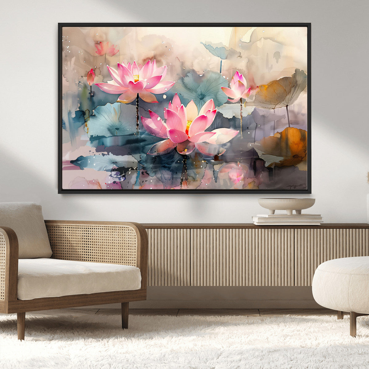 Lotus Flower Wall Art | 3 Panel Giclee Canvas Print of Pink Lotus Blossoms