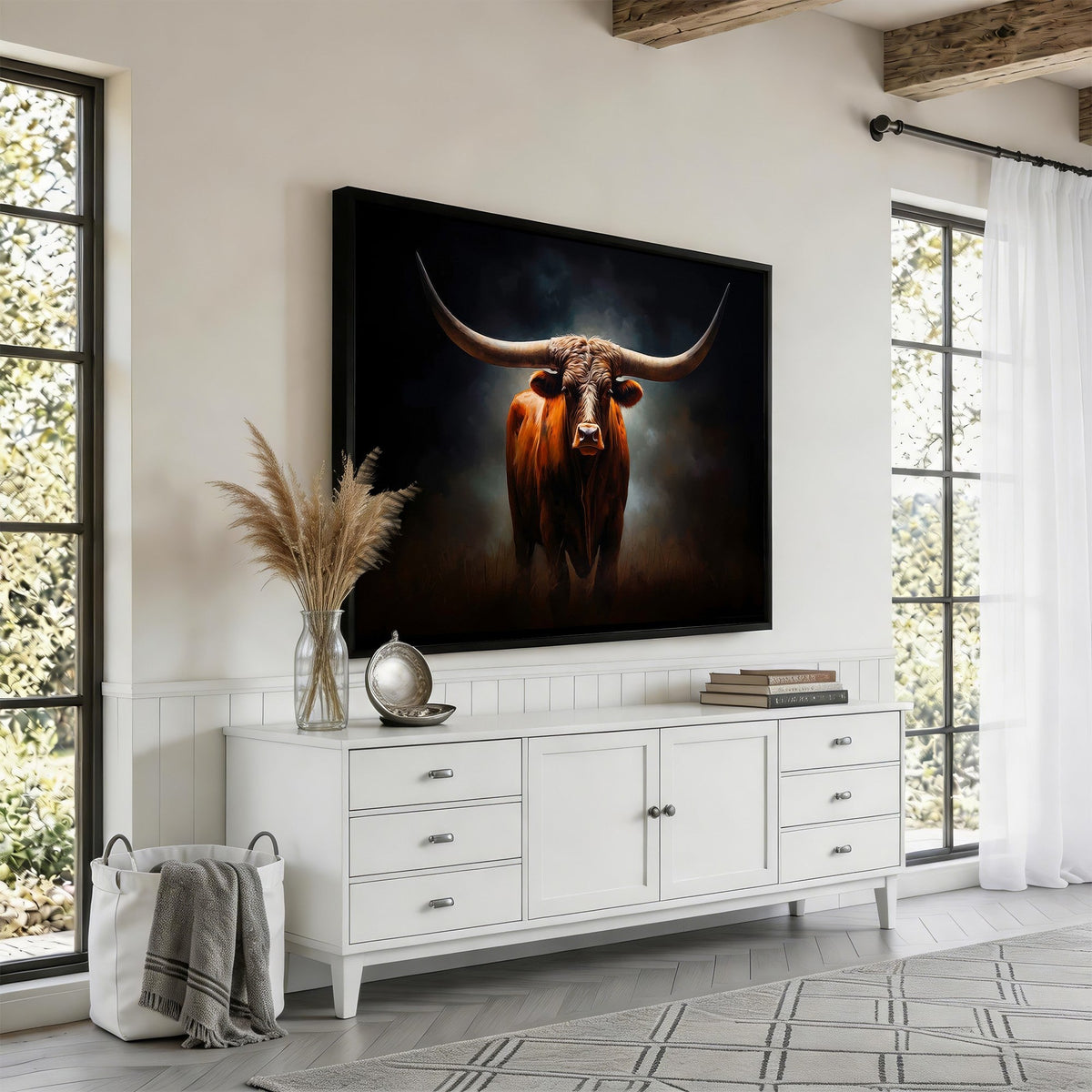 Abstract Texas Longhorn Wall Art Print | 3-Panel Large Texas Longhorn Canvas