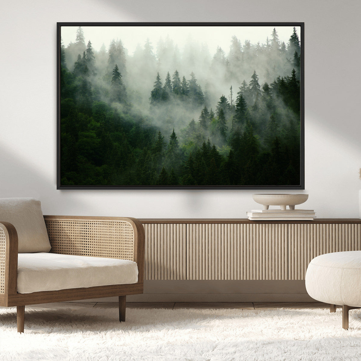 Misty Forest Wall Art | Tranquil Green Woodland Canvas Print