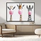 Bubblegum Animals Canvas Wall Art, Playful Giraffe and Zebra Trio, Whimsical Nursery and Kids Room Decor