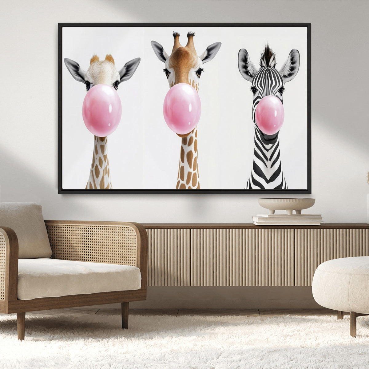 Bubblegum Animals Canvas Wall Art, Playful Giraffe and Zebra Trio, Whimsical Nursery and Kids Room Decor