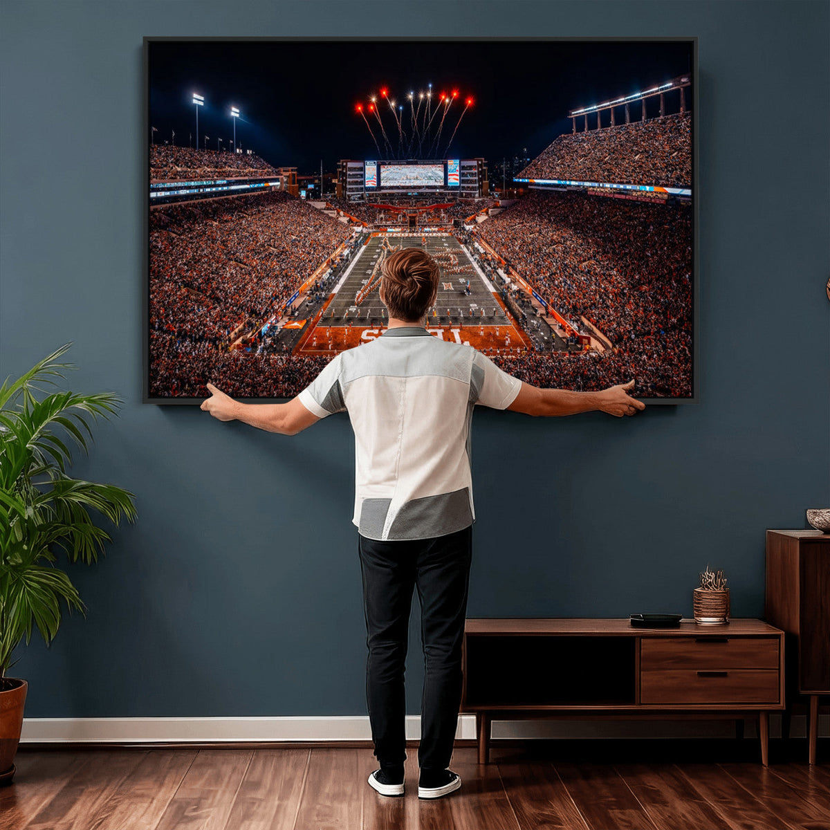 Texas Stadium Night Game Wall Art Canvas Print, Vibrant Football Fireworks Scene