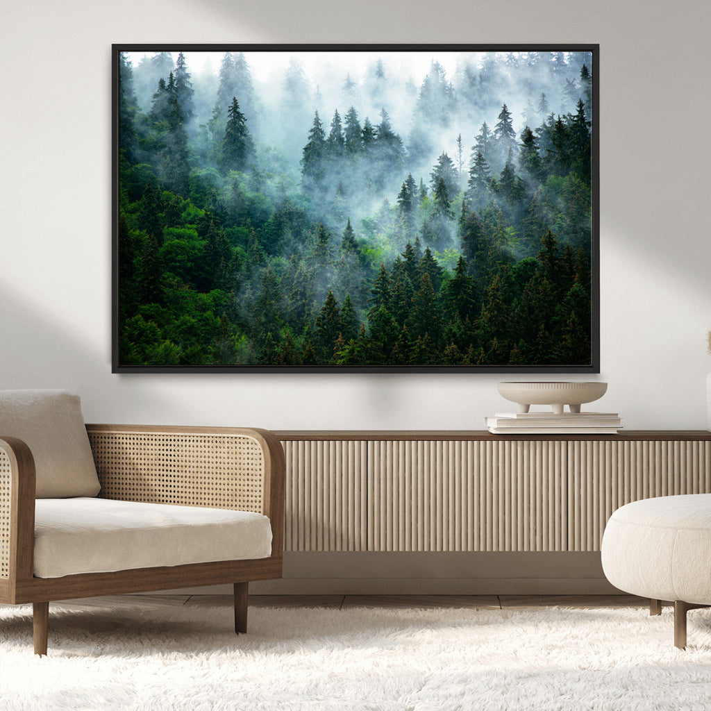 Misty Forest Wall Art Canvas Print, Framed Foggy Mountain Art, Large Scenic Woodland Canvas