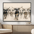 Texas Longhorn Wall Art | Framed Cattle Walking Canvas