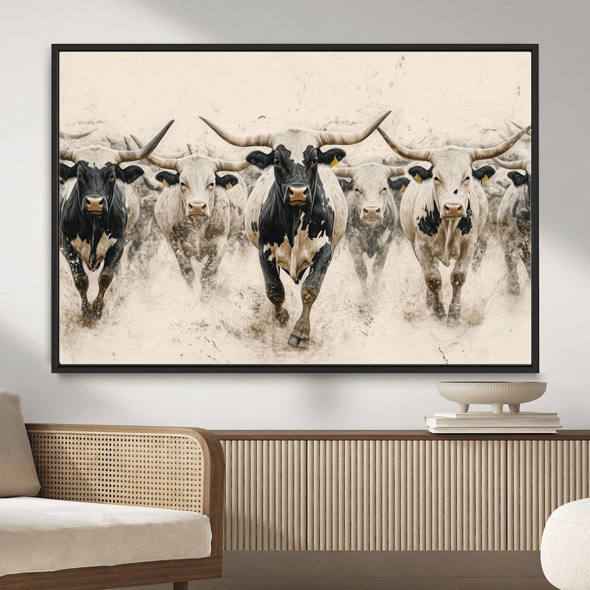 Texas Longhorn Wall Art | Framed Cattle Walking Canvas