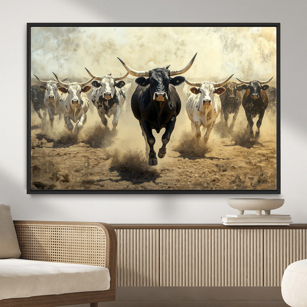 Texas Longhorn Wall Art | Framed Charging Cattle Canvas