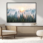 Misty Pine Forest Wall Art Canvas, Sunrise Over Foggy Trees