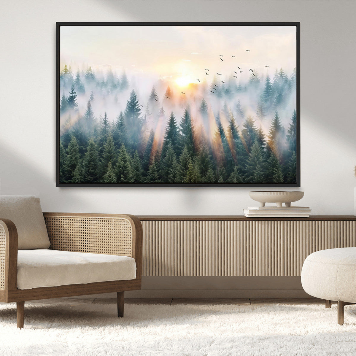 Misty Pine Forest Wall Art Canvas, Sunrise Over Foggy Trees