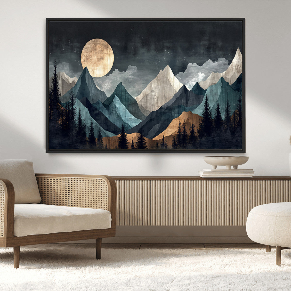 Moonlit Mountain Wall Art Canvas Print, Framed Silhouetted Pines Art, Layered Peaks Rustic Decor