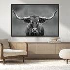 Texas Longhorn Wall Art Canvas Print, Framed Western Bull Photography, Rustic Log Cabin Decor