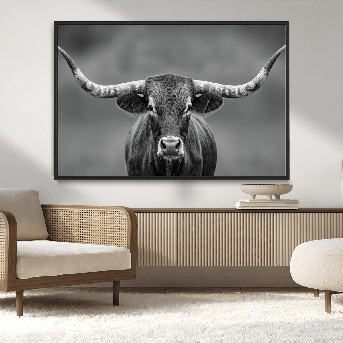 Texas Longhorn Wall Art Canvas Print, Framed Western Bull Photography, Rustic Log Cabin Decor