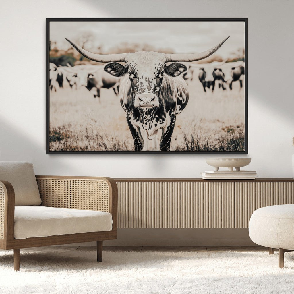 Texas Longhorn Wall Art Canvas Print | Framed Speckled Brown and White Bull
