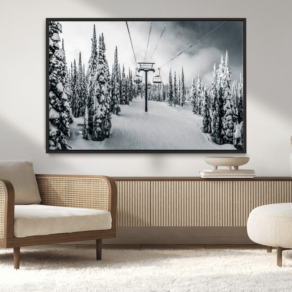 Snowy Pines Wall Art Canvas Print | Ski Lift in a Winter Forest