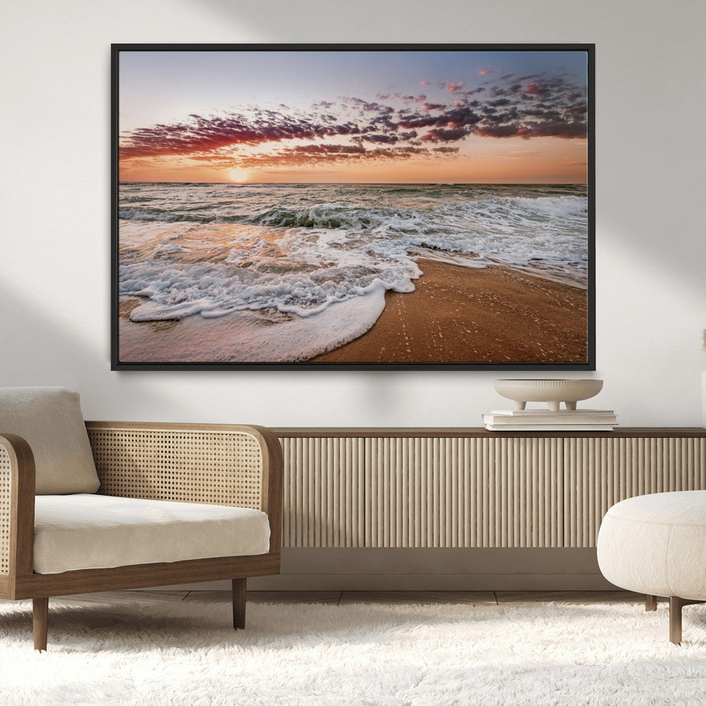 Ocean Sunset Wall Art Canvas Print | Sandy Shore and Gentle Waves