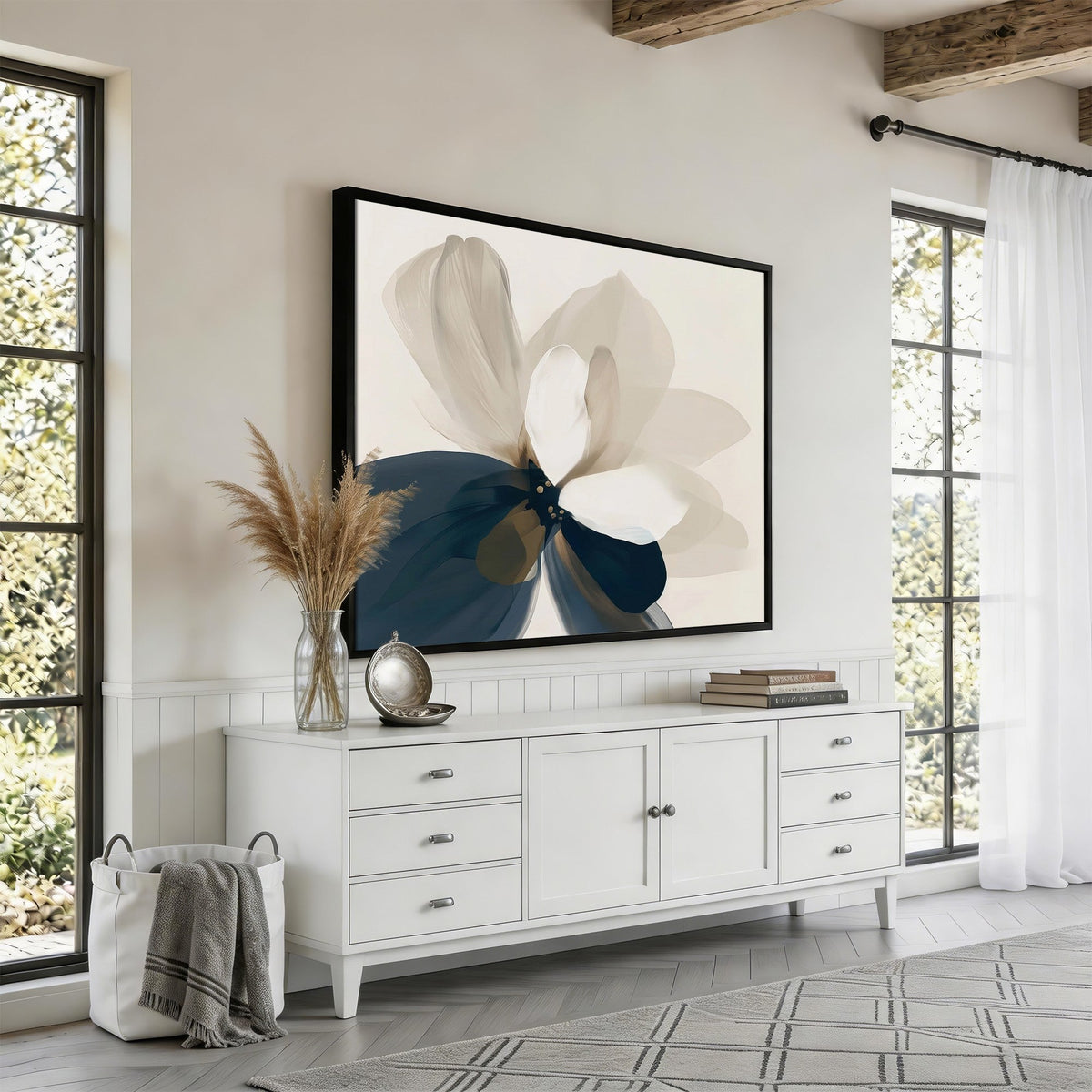 Minimal Flower Wall Art Canvas Print | Framed Beige and Navy Bloom