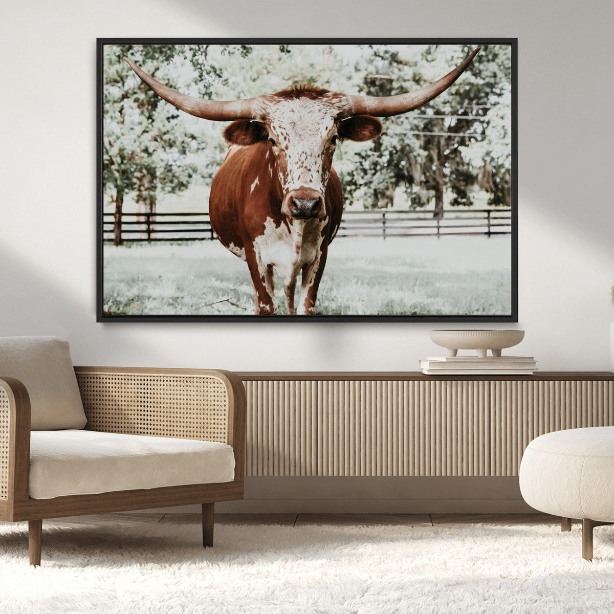 Texas Longhorn Wall Art Canvas Print | Framed Spotted Brown and White Bull